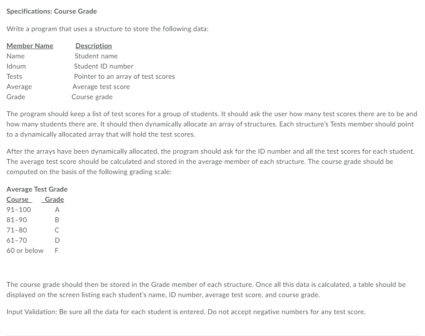 in c++ please need the code written not image answer Specifications: Course