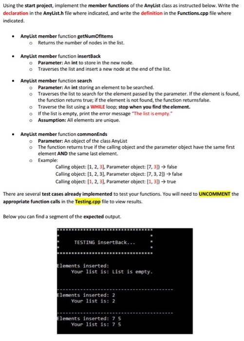  C++ !! Using the start project, implement the member functions of