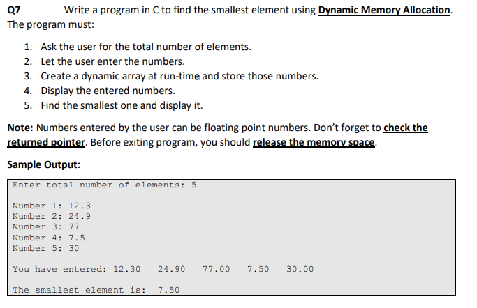  Q7 Write a program in C to find the smallest element