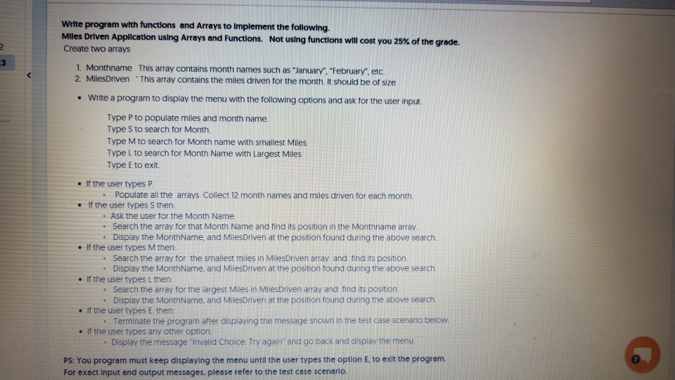  Write program with functions and Arrays to Implement the following. Miles