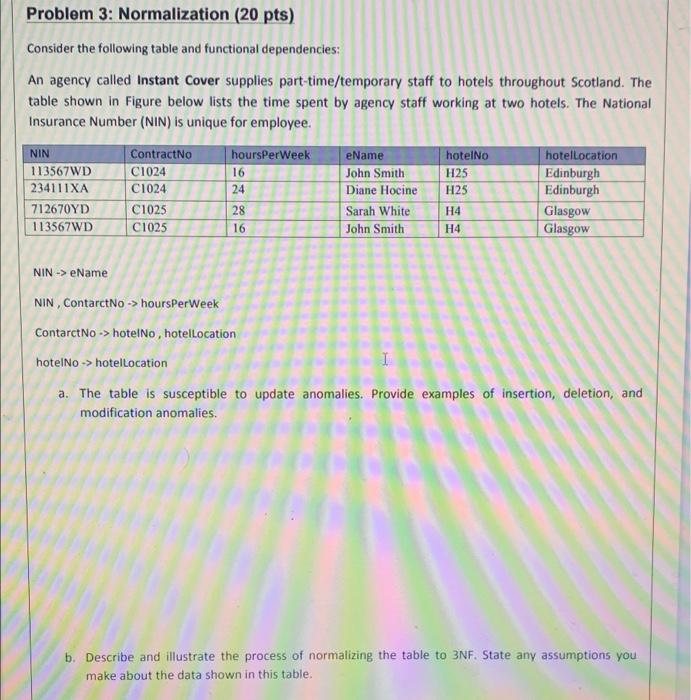 i have only one hour please be fast Problem 3: Normalization (20
