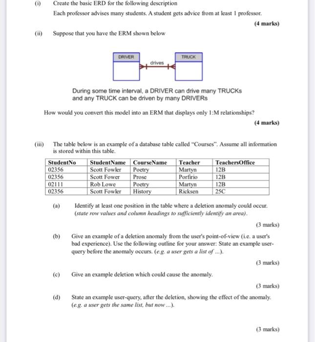  (i) Create the basic ERD for the following description Each professor