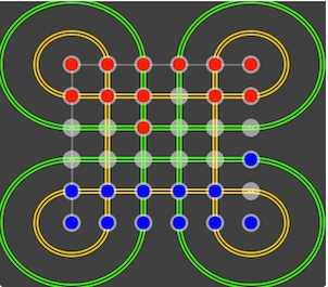 a particular 6x6 grid containing loops. Two players face each other; they