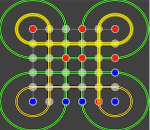 each have 12 pieces placed on the crossing points of the 2