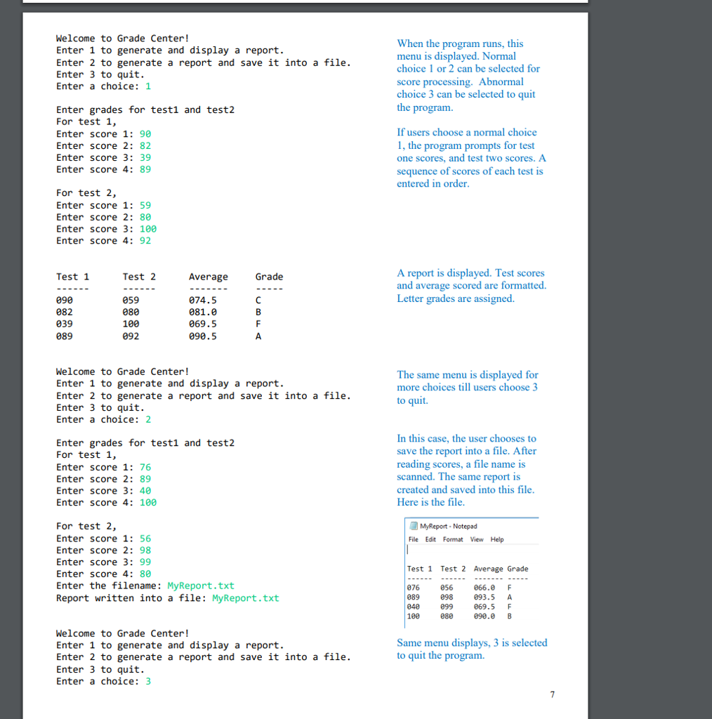 this Write a program to read test scores, process scores, and display