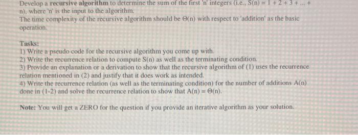 pseudo code for C++ and No Iterative algorithms please Develop a recursive
