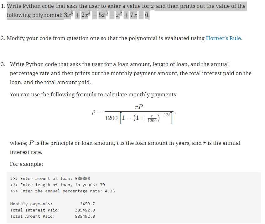  1. Write Python code that asks the user to enter a