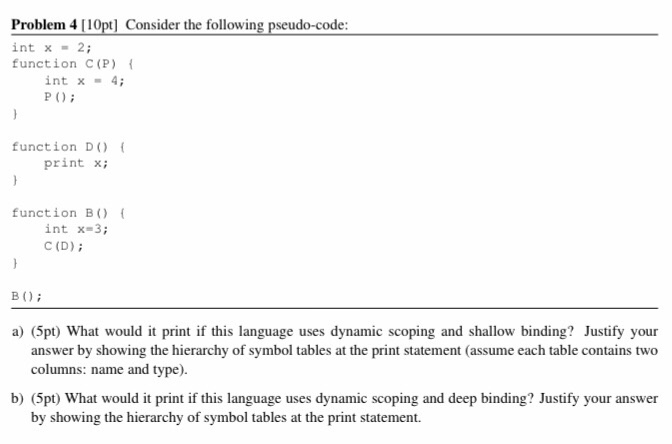  Problem 4 [10pt Consider the following pseudo-code: int 2; function C(P)