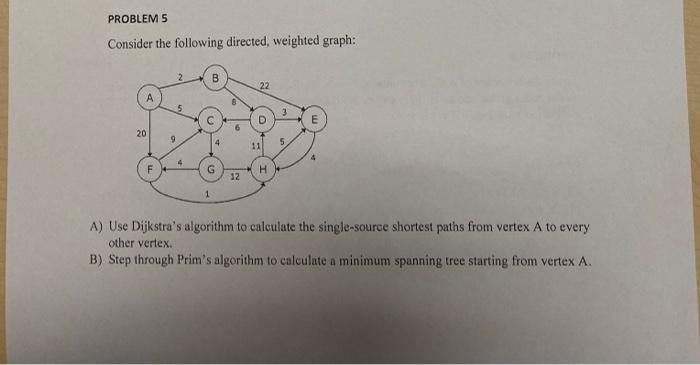  PROBLEM 5 Consider the following directed, weighted graph: 22 A 20