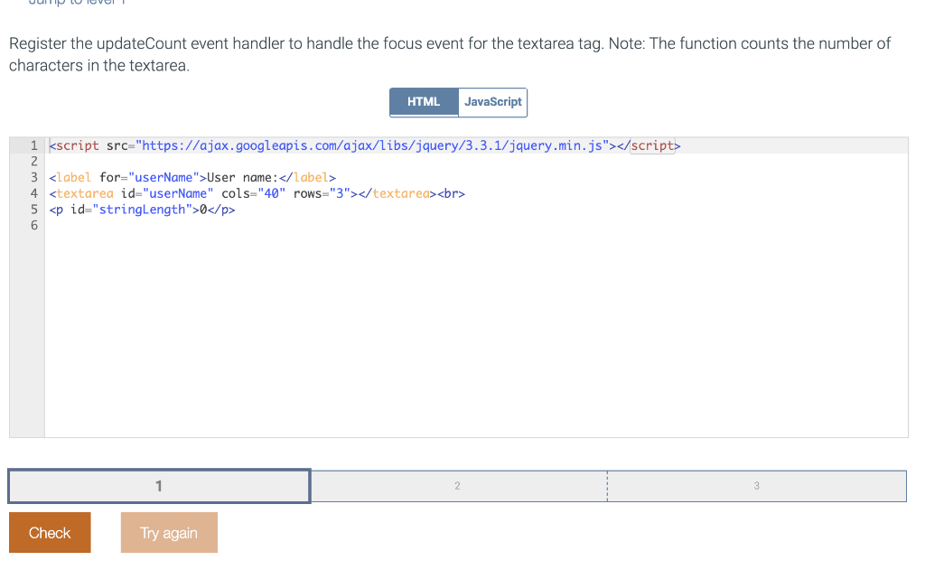  Register the updateCount event handler to handle the focus event for