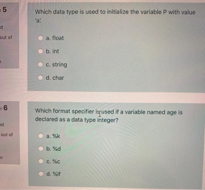  5 Which data type is used to initialize the variable P