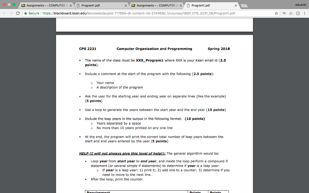 C yProgram 1.pdf C Secure https://blackboard.kean.edu/bbcswebdav/pid-717865-dt-content-rid-2744692_1/courses/18SP CPS 2231 06/Program1.pdf Write a Java