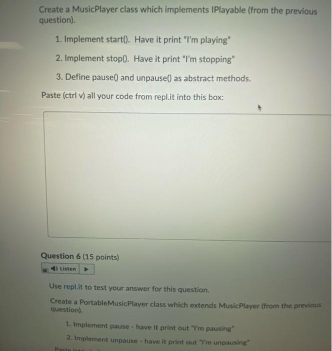 in java please Create a Music Player class which implements IPlayable (from