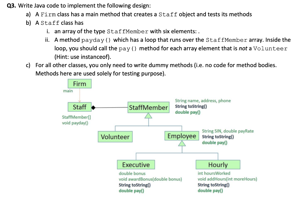  Q3. Write Java code to implement the following design: a) A