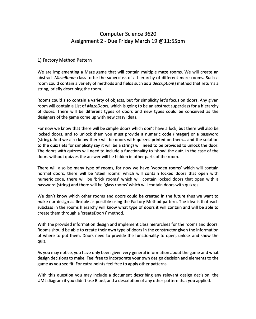  Computer Science 3620 Assignment 2 - Due Friday March 19 @11:55pm