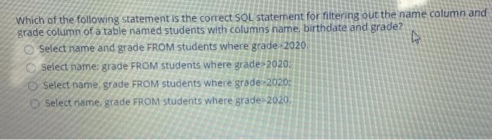  Which of the following statement is the correct SQL statement for