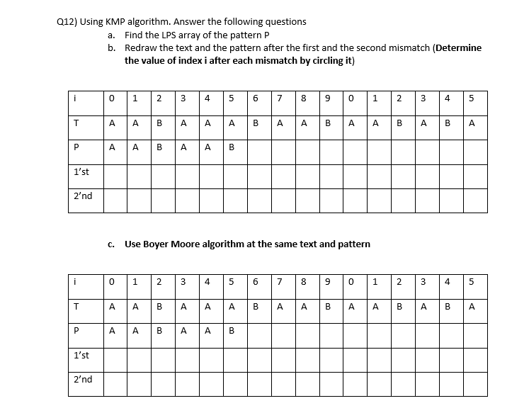  Q12) Using KMP algorithm. Answer the following questions a. Find the