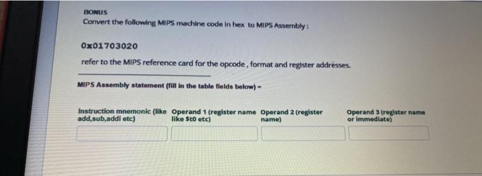  BONUS Convert the following MIPS machine code in hex to MIPS