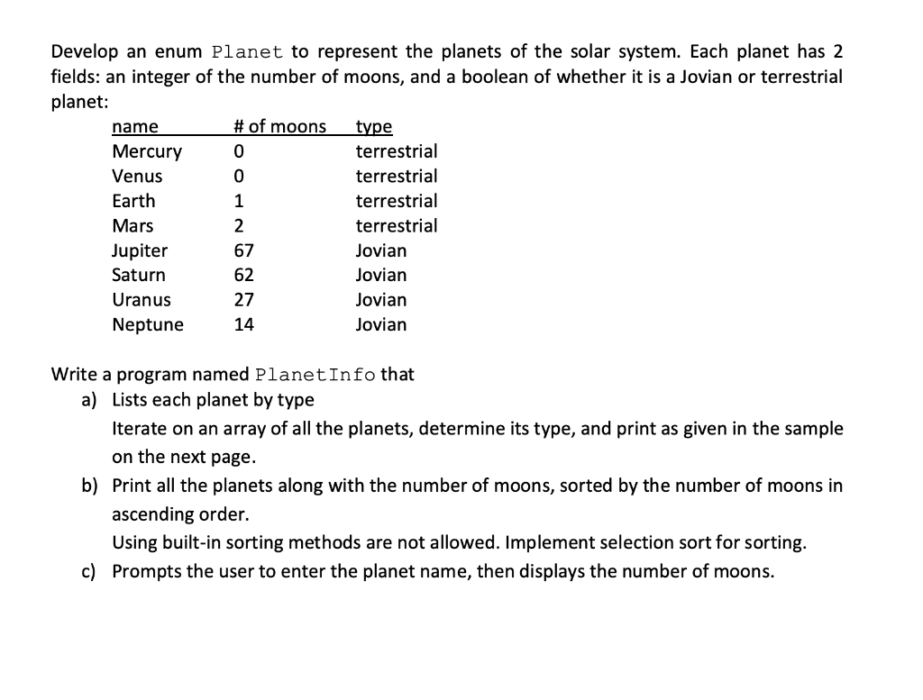 JAVA Develop an enum Planet to represent the planets of the solar