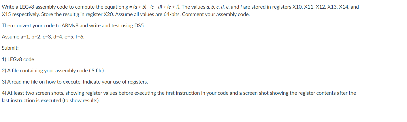  Write a LEGV8 assembly code to compute the equation g =