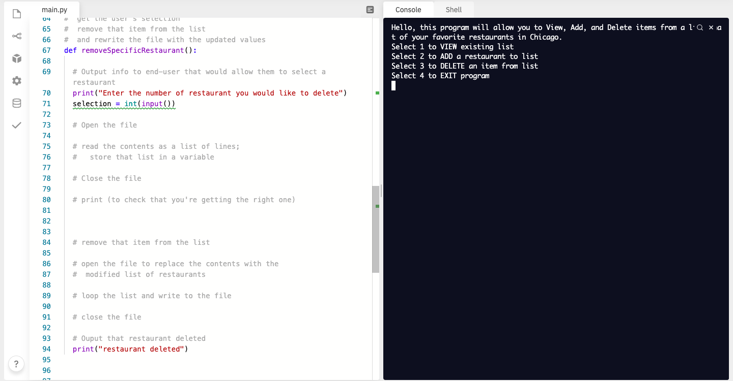 index position and the restaurant (remove the newline character from the name)