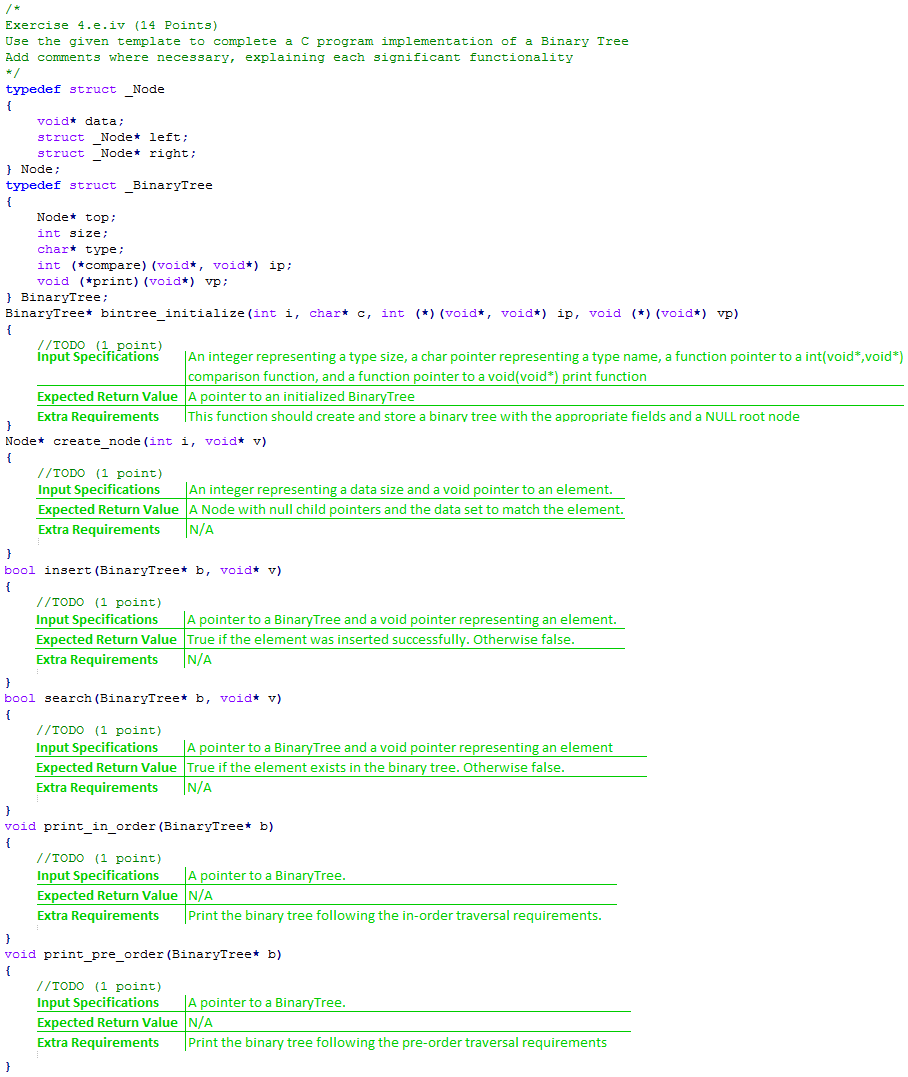 WRITE IN C: /* Exercise 4.e.iv (14 Points) Use the given template