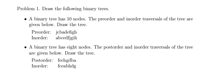  Problem 1. Draw the following binary trees. A binary tree has