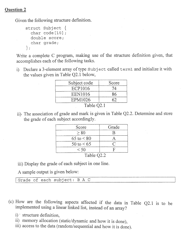  Given the following structure definition. struct Subject {char code [10]; double