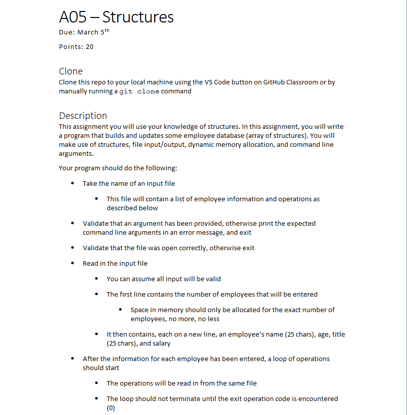 A05-Structures Due: March 5th Points: 20 Clone Clone this repo to