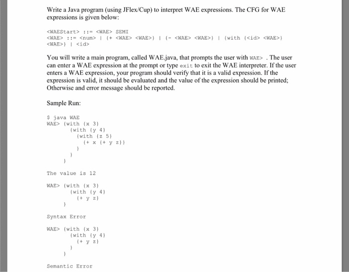  Write a Java program (using JFlex/Cup) to interpret WAE expressions. The