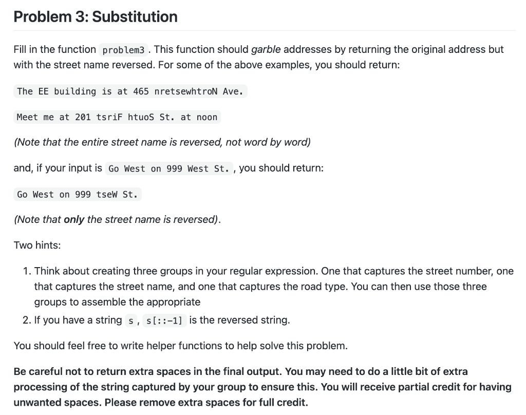 I need to fill in the function problem3 in python using regular