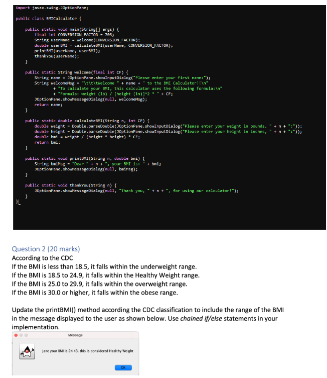  Question 2(20 marks) According to the CDC If the BMI is
