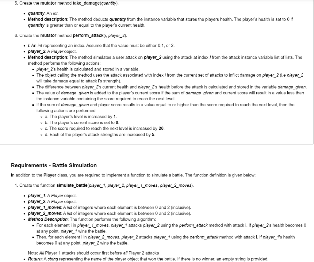 for the Player class are given below. Please ensure that your methods