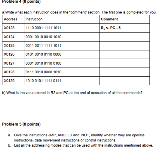  Problem 4 (8 points) a)Write what each instruction does in the