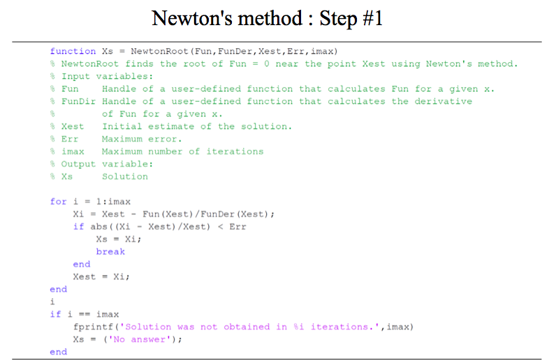  Newton's method: Step #1 function Xs Newton Root (Fun, FunDer, Xest,
