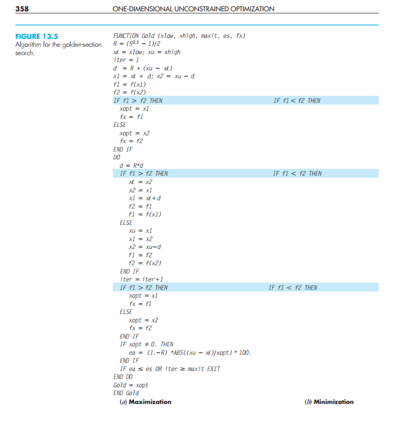 golden section search in MATLAB using the pseudocode on page 358. The