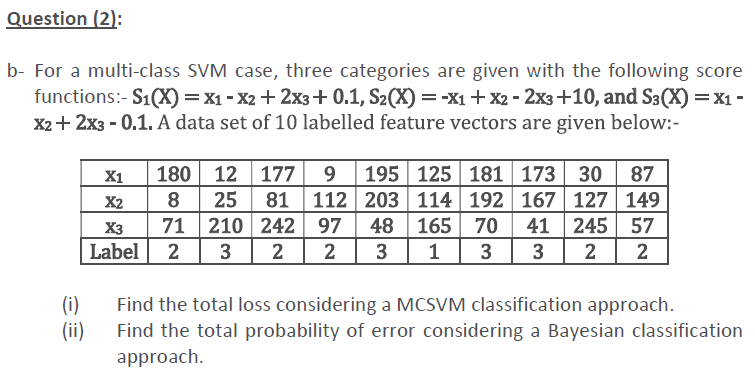  Question (2): b- For a multi-class SVM case, three categories are