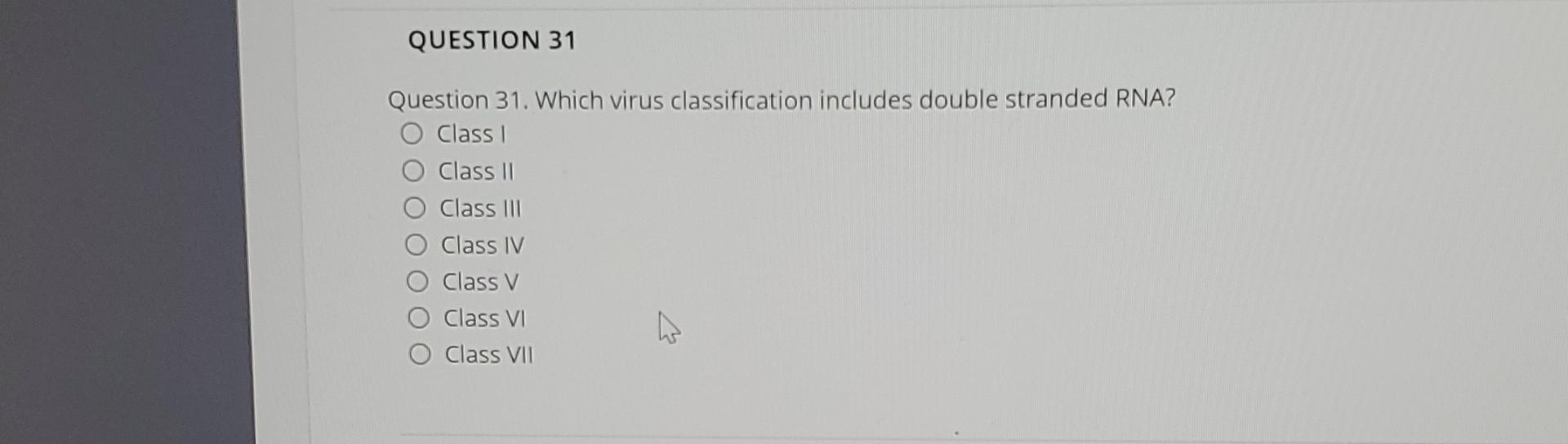  QUESTION 31 Question 31. Which virus classification includes double stranded RNA?