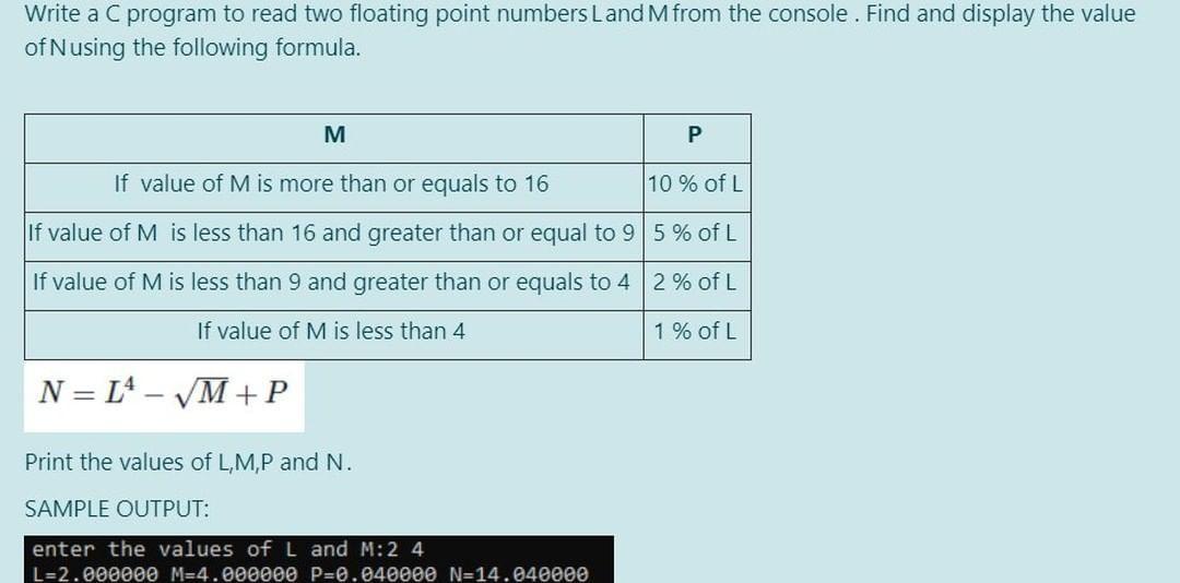  Write a C program to read two floating point numbers Land