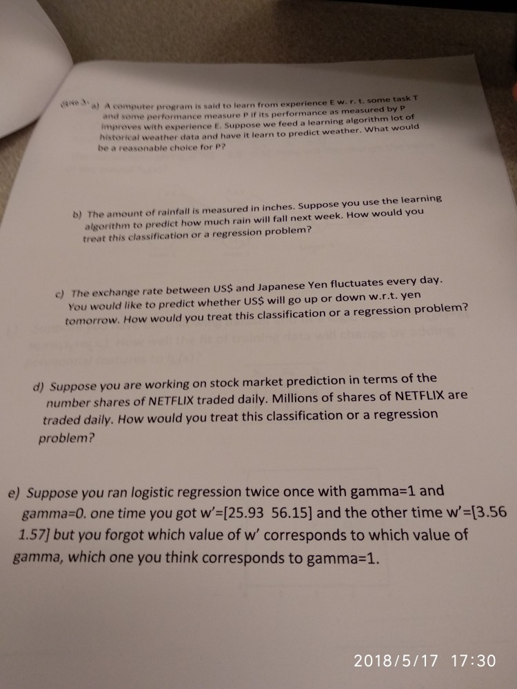  A computer program is said to learn from experience E w.