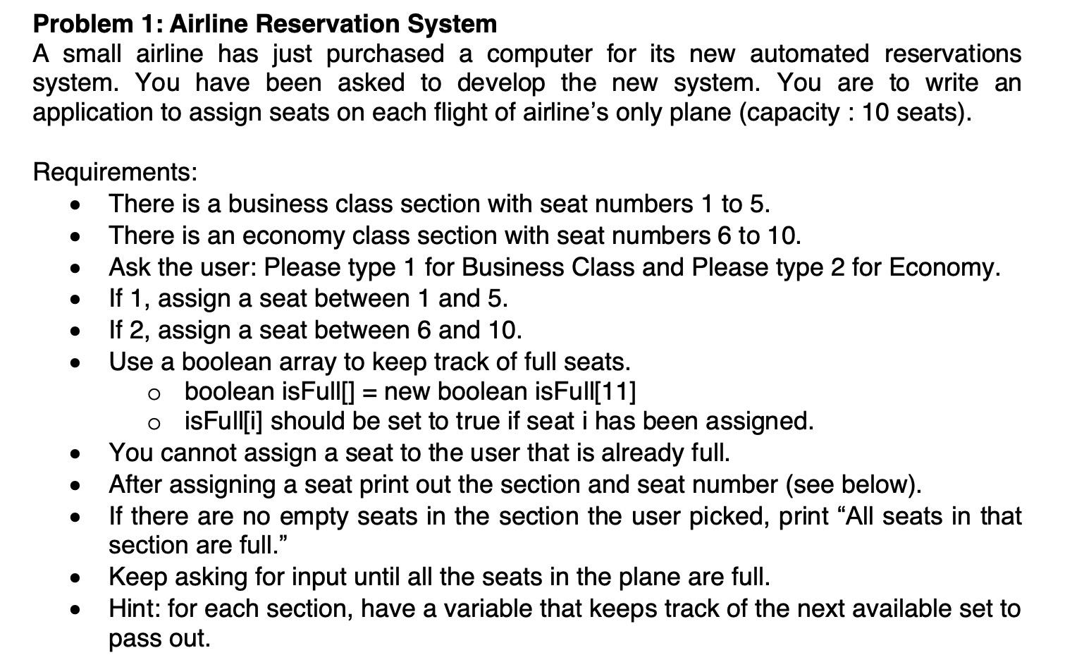  Please write the code in java thank you. Problem 1: Airline