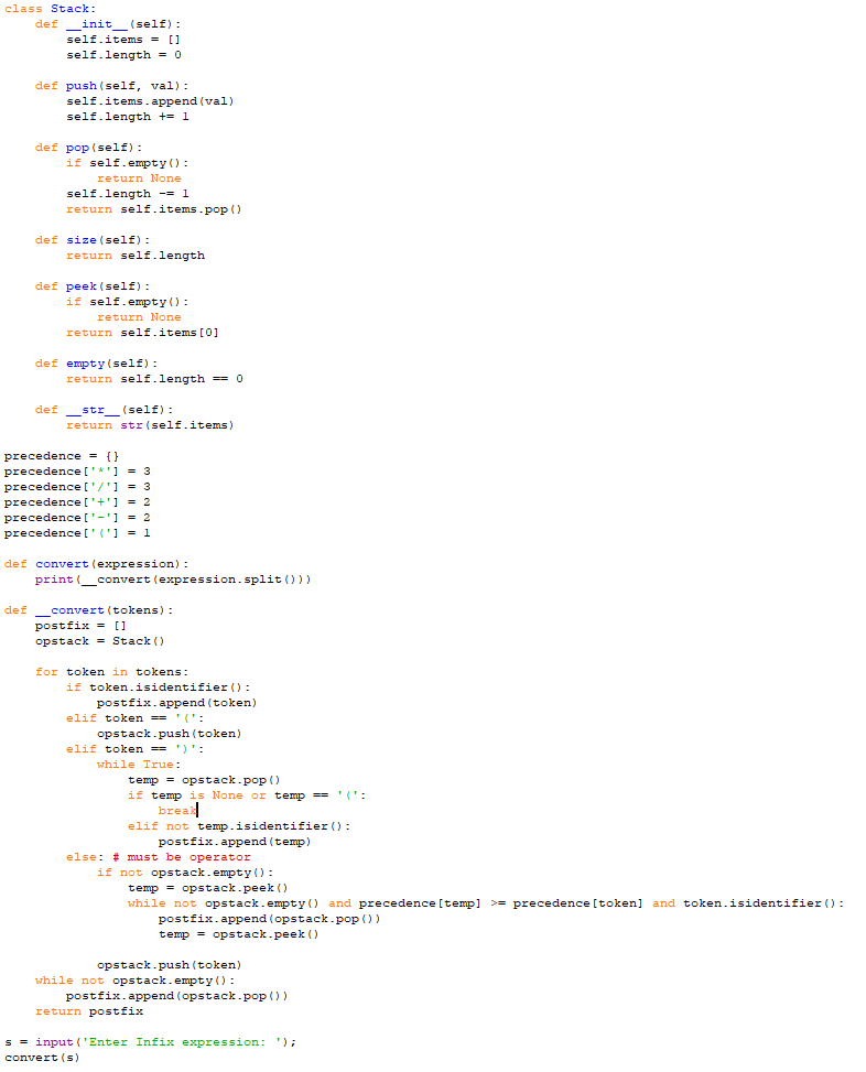 Explain this Infix to Postfix code briefly into explanation and Flowchart presentation