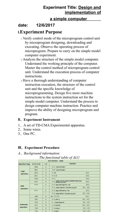  Experiment Title: Design and implementation of a simple computer date: 12/6/2017