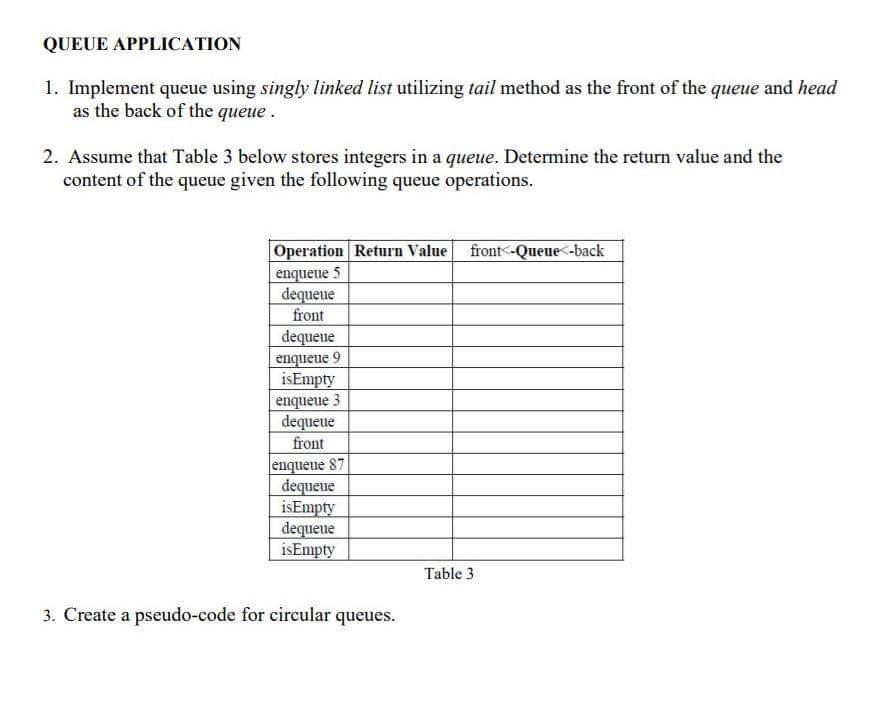  Java language QUEUE APPLICATION 1. Implement queue using singly linked list