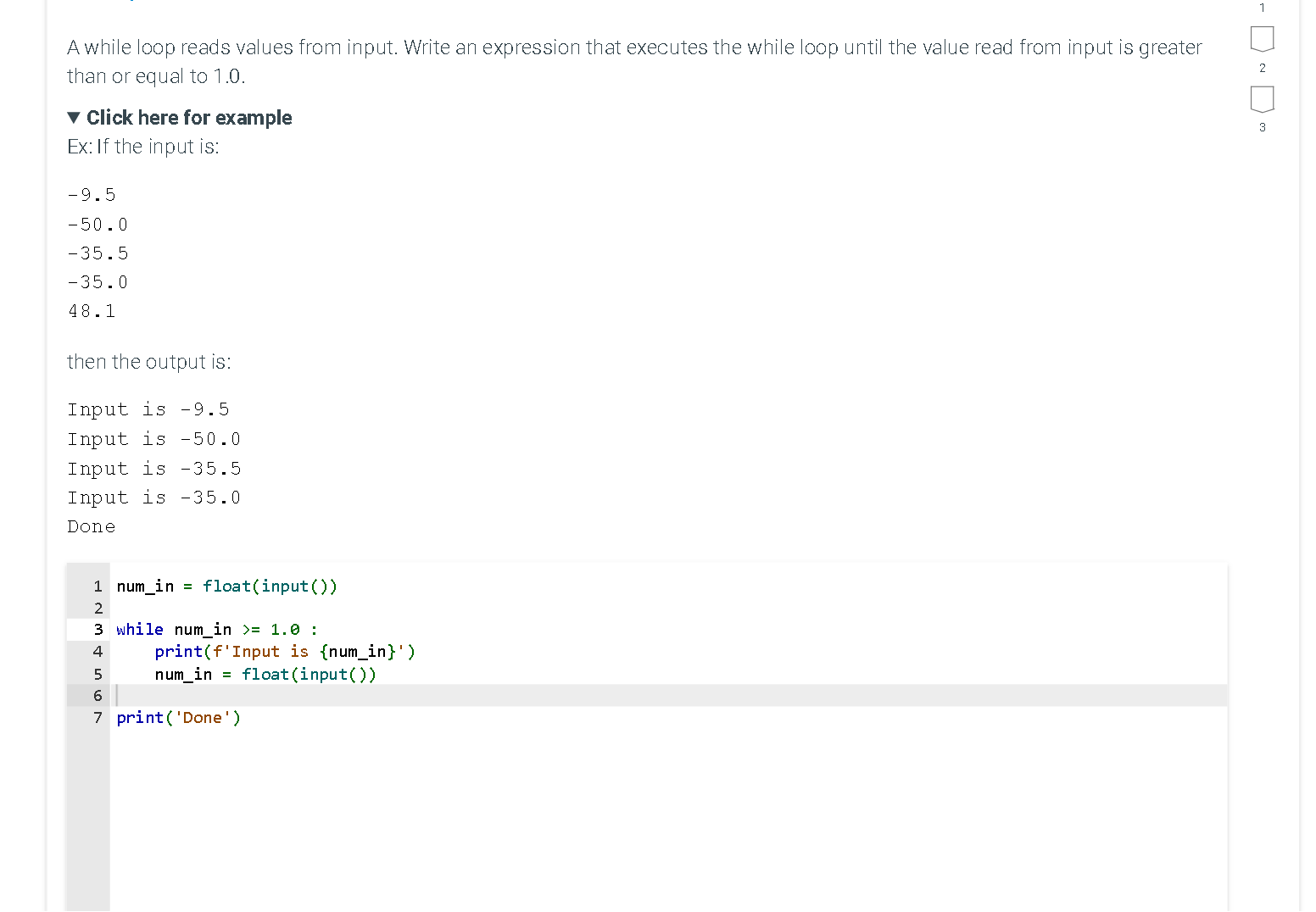  A while loop reads values from input. Write an expression that