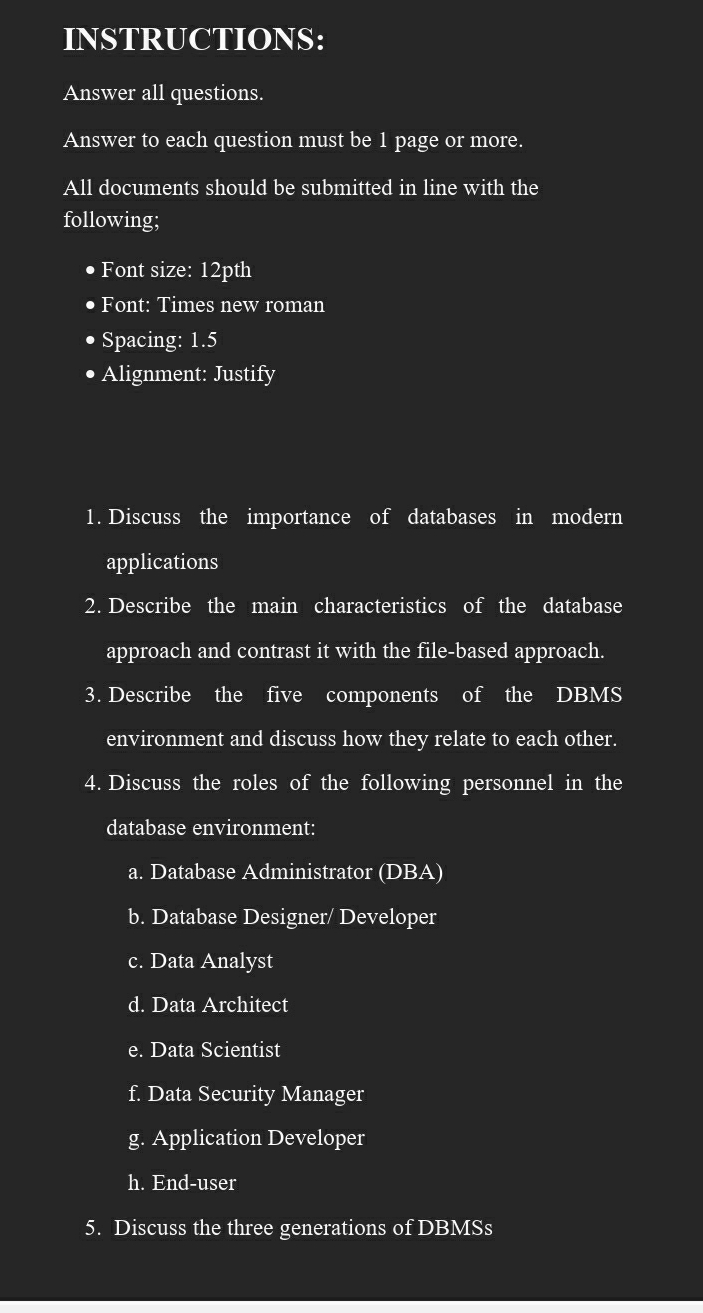  INSTRUCTIONS: Answer all questions. Answer to each question must be 1