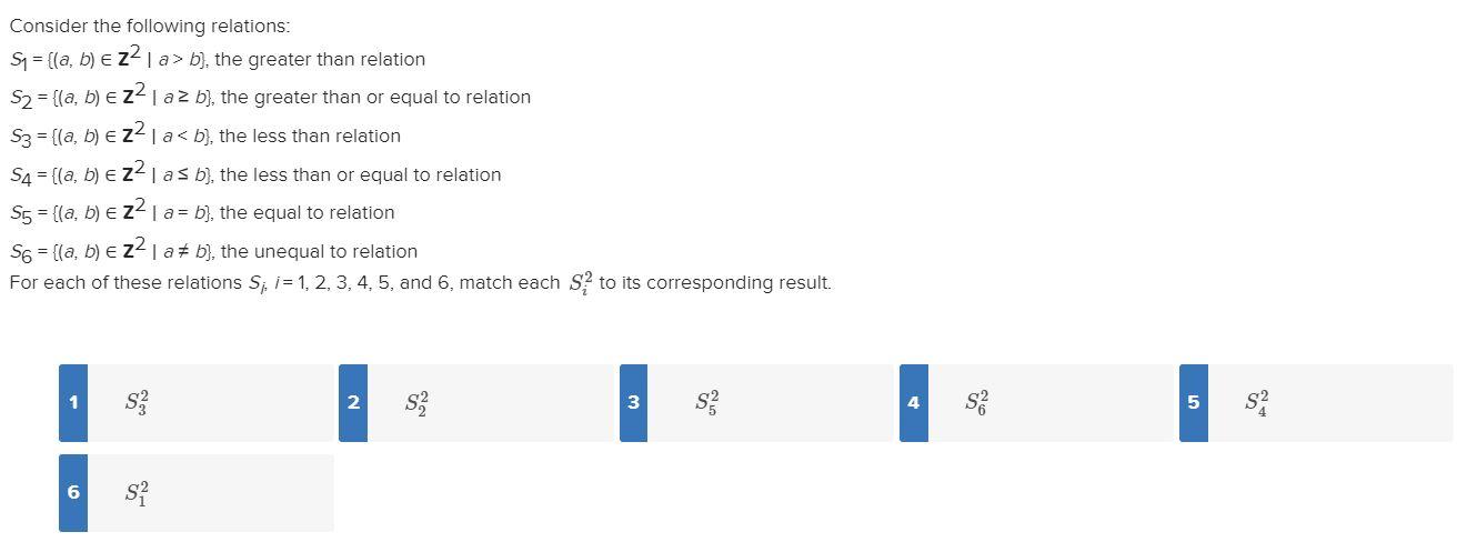  Consider the following relations: S7 = {(a, b) E 22] a>