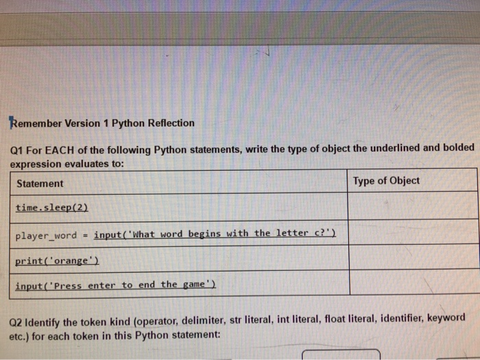  Remember Version 1 Python Reflection Q1 For EACH of the following