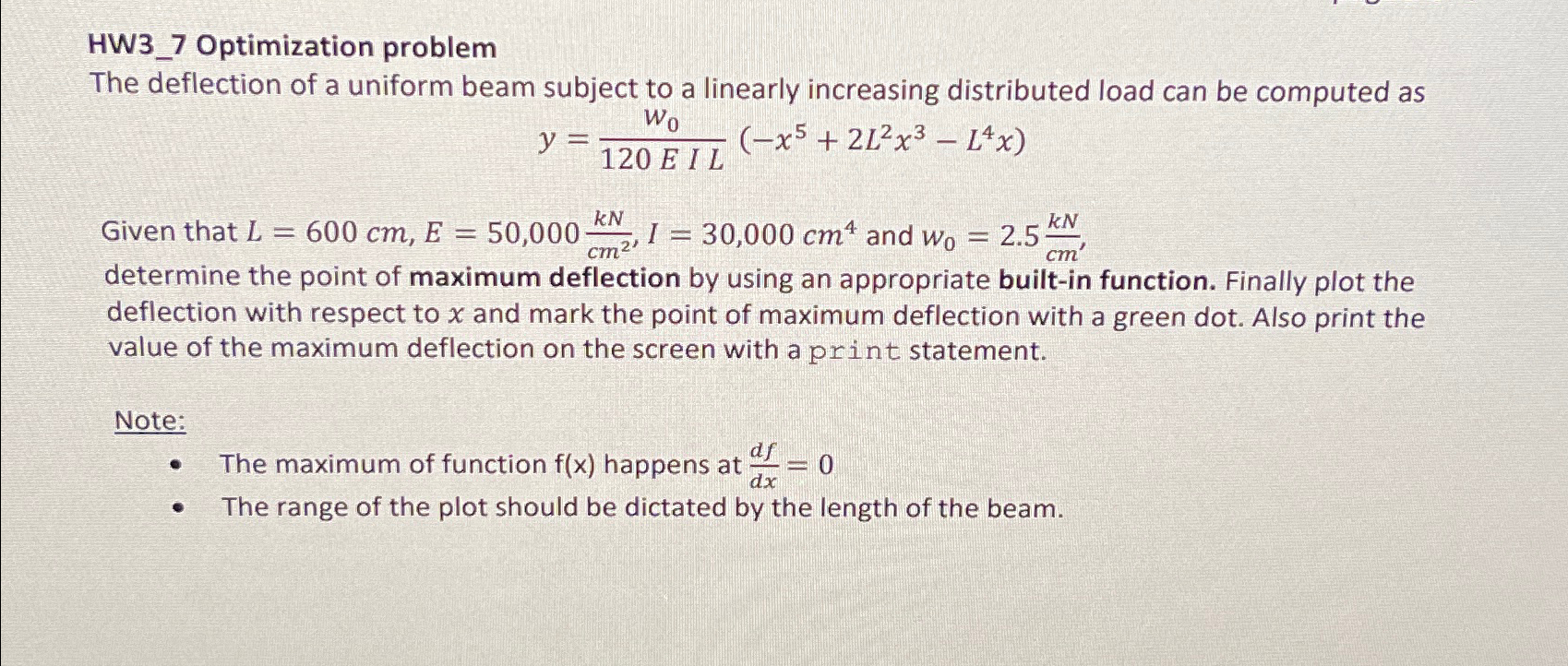  HW3_7 Optimization problem The deflection of a uniform beam subject to