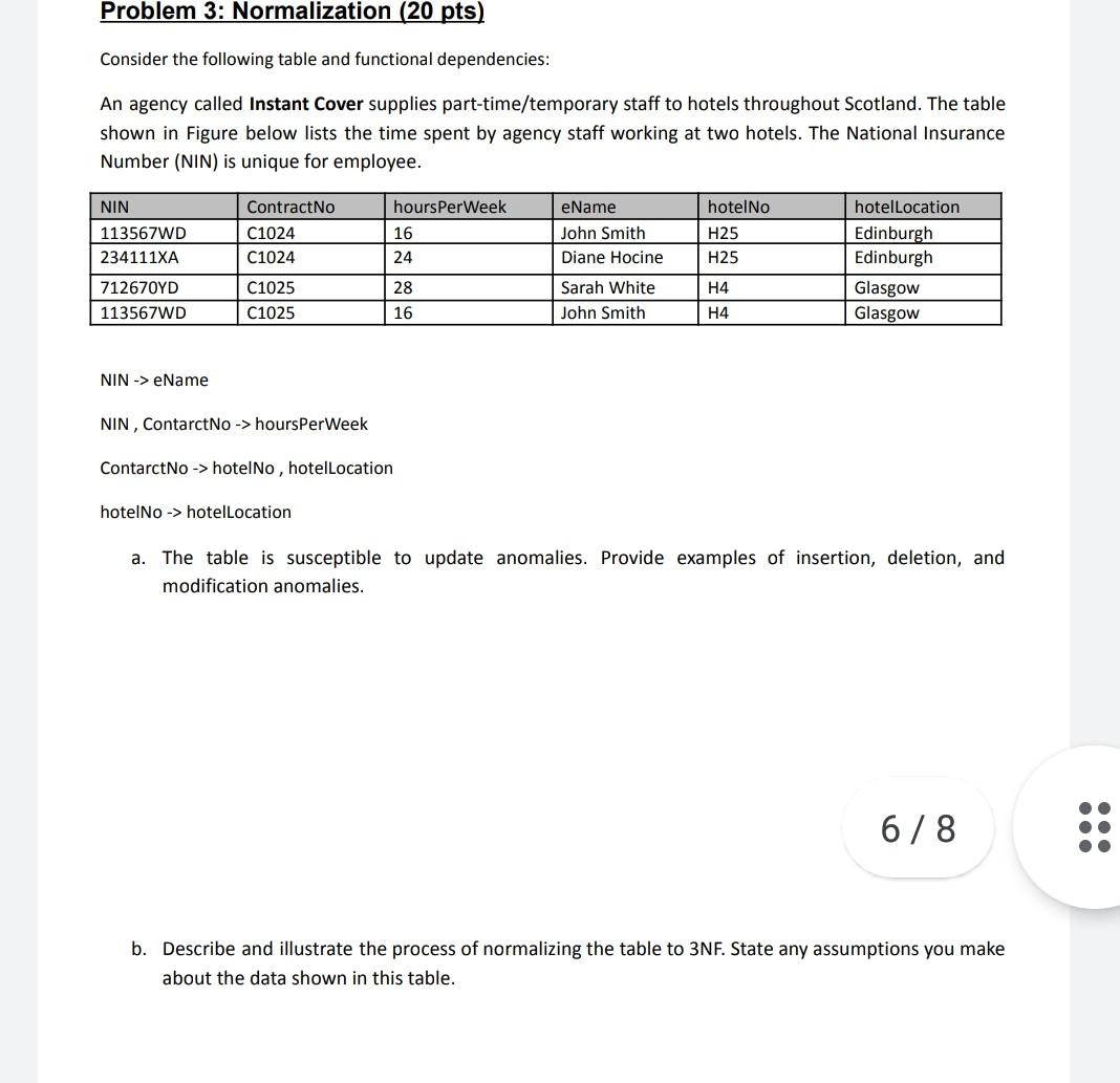  Data base need it fast Problem 3: Normalization (20 pts) Consider